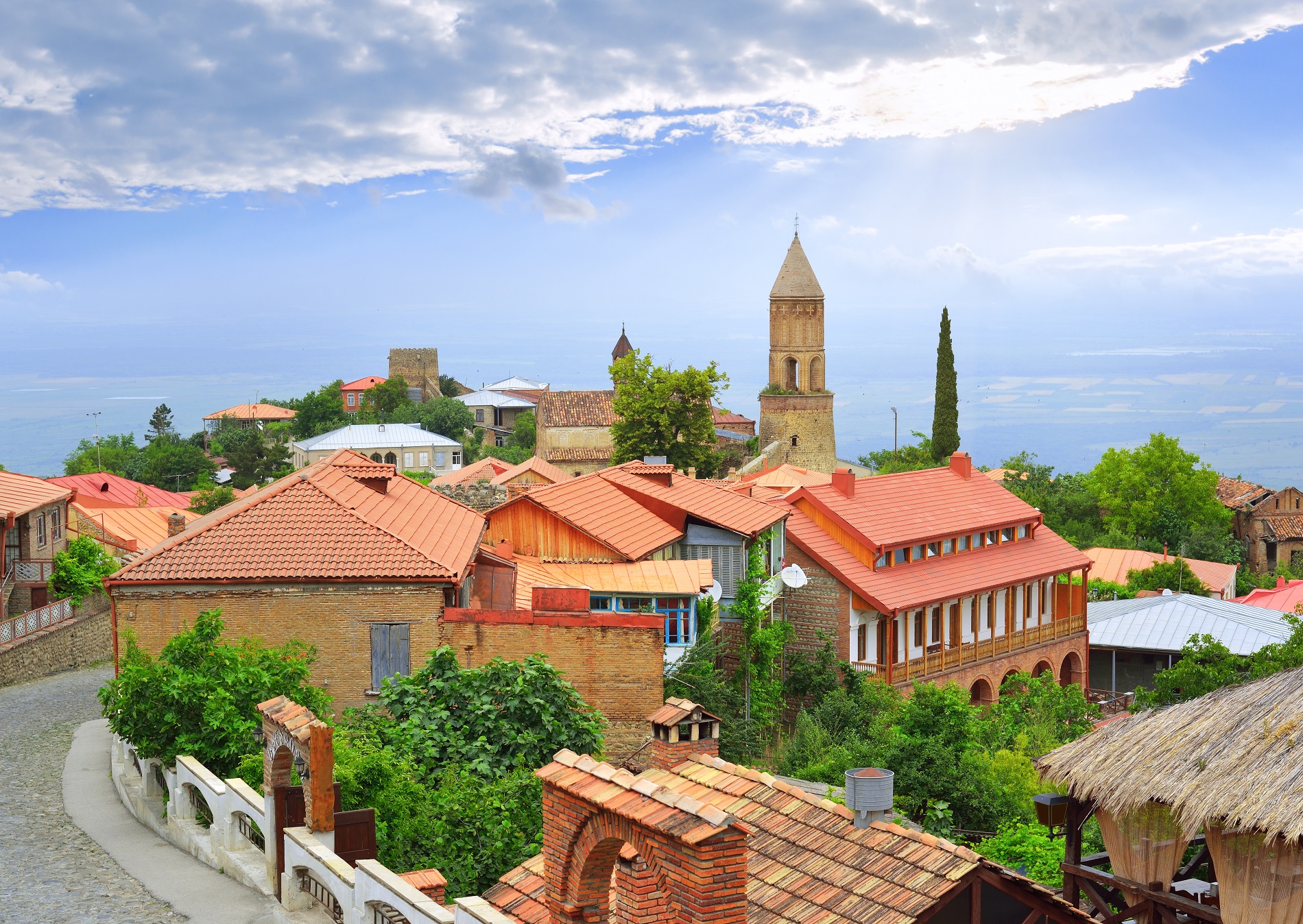 Ancient Georgian town Signakhi against Alazansky valley. Kakheti