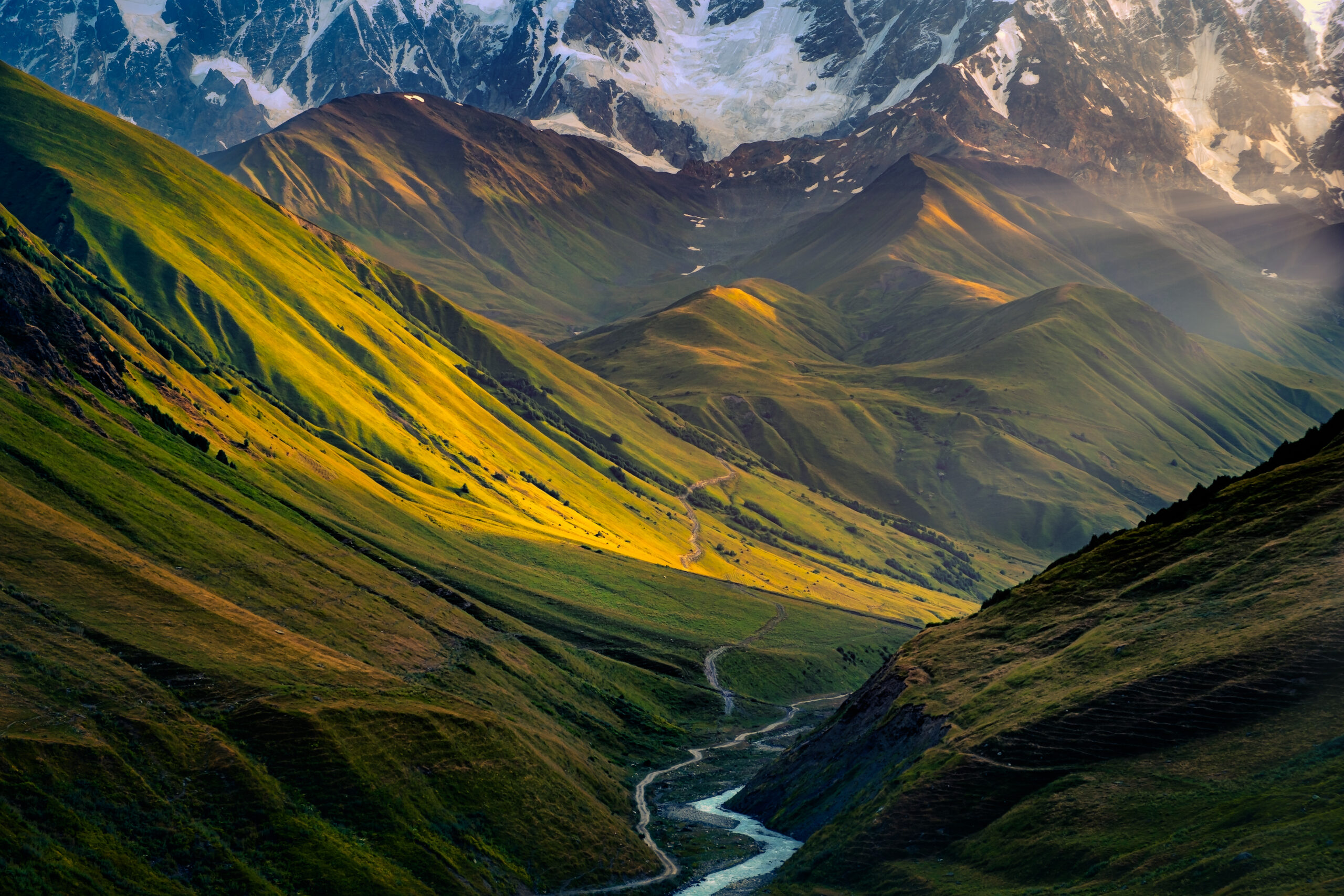 Beautiful mountain sunrise in Ushguli, Svaneti national park, Country of Georgia